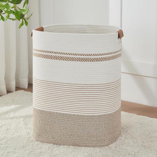 AINUOQI Laundry Basket with Handles - Blanket Basket & Hampers for Bedroom Aesthetic, Laundry Hamper & Blanket Storage for Living Room, Clothes Hamper, Tall, Large 17 x 14 x 22”, Light Brown & White
