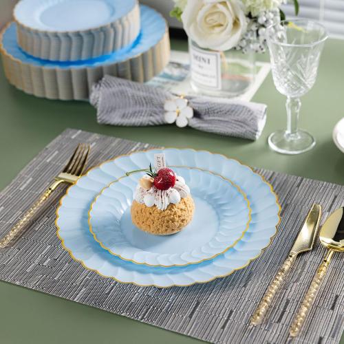 Lullaby 60PCS Light Blue Scalloped Plastic Plates with Gold Rim for Party | Baby Blue Disposable Plates Include 30 Dinner Plates 10.25, 30 Dessert Plates 7.5 for Birthdays, Weddings & Daily Use