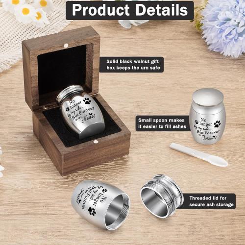 XIUDA Wooden Mini Pet Memorial Small Urns for Dog Ashes Stainless Steel Cremation Mini Urn with Black Walunt Box Funeral Pet Paw Print Keepsake Urn for Ashes