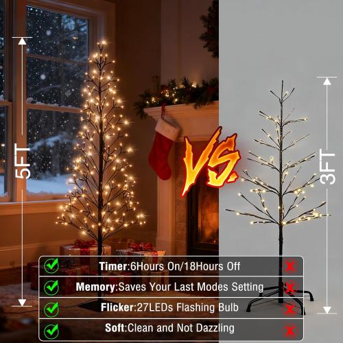 4.9 FT Christmas Outdoor Artificial Tree with Lights - 216 LED Pre Lit Christmas Decoration Tree Lights with Timer,Includes 27 LED Flashing Bulb,for Holiday Displays (Warm White)