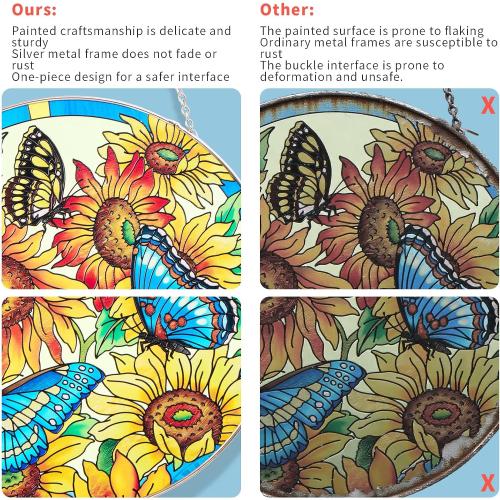 Sunflower & Butterfly Stained Glass Suncatcher, Hand-Painted Tiffany-Style 7.87” Round Window Hanging with Suction Cup & Chain, Unique Glass Art Decor Gift for Mother's Day, Birthday, Grandma