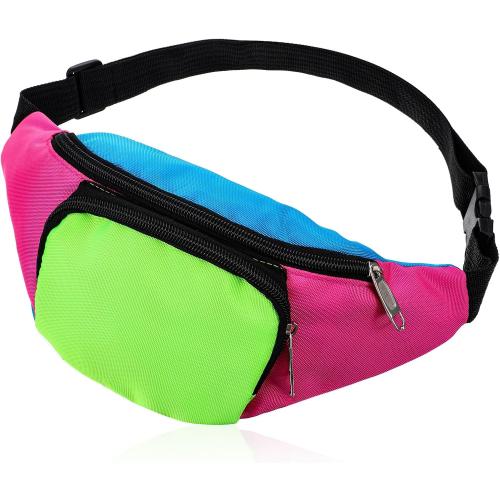 80s Neon Fanny Pack 2 Pockets 90s Belt Bags for Women Men Waist Retro Packs for Holiday Festival, 80s Theme Halloween Party, Vintage Rave Accessories Plus Size Belt Bag, Pink Bottom