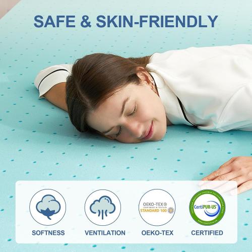 LIGHT BLUE 2 Inch Memory Foam Mattress Topper Full, Mattress Pad Gel Infused Foam Bed Topper, Ventilated Soft Blue,Full Size