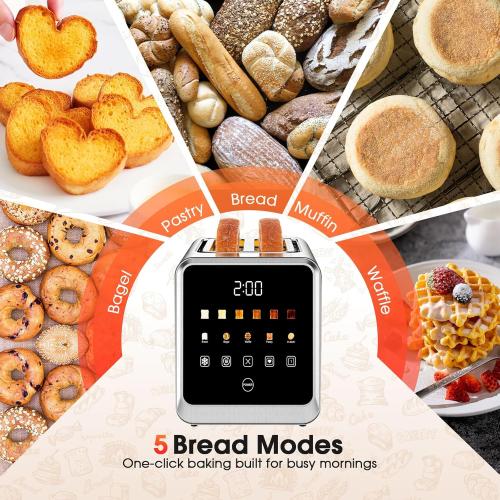 Toaster 2 Slice with Smart Digital Touchscreen & 1-Touch Memory | Stainless Steel 1.5 Extra-Wide Slots for Bagels & Artisan Bread | 900W for Fast, Even Toasting | Defrost, Reheat, Single-Slice Mode