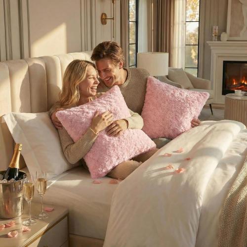 FUTEI Pack of 2 Rose Textured Throw Pillow Covers 16x16 Inch, Pink | Same Rose Swirl Textured Fabric On Both Sides,Hidden Zipper,Machine Washable,Non-Shedding, Colorfast,Insert Not Included.