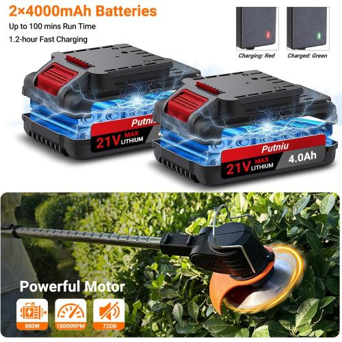 ORANGE AND BLACK Cordless Electric Weed Wacker with Wheels, 3-in-1 Lightweight Weed Eater/Brush Cutter/Grass Trimmer Battery Powered, Includes 21V 2×4.0Ah Batteries, 5 Types Blade & Charger, for Lawn Yard Garden