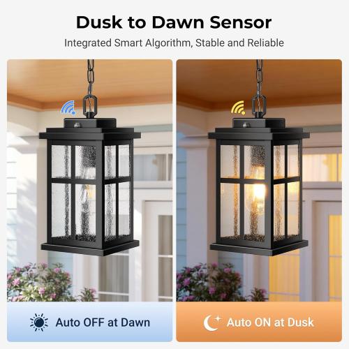 VIANIS Dusk to Dawn Large Outdoor Pendant Light Fixture, Black Modern Outdoor Hanging Porch Light, Anti-Rust Waterproof Exterior Chandelier for Porch with Adjustable Chains, Exterior Pendant Light