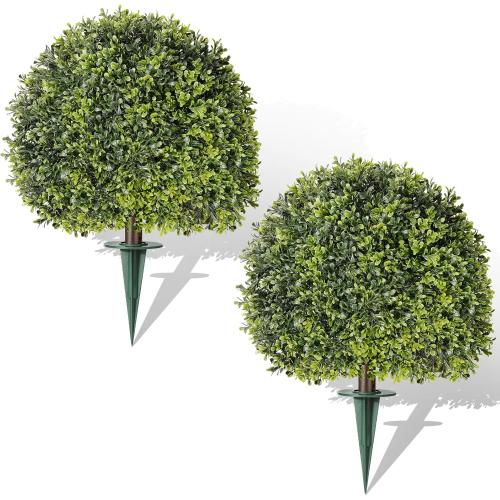 Lewondr Artificial Boxwood Topiary Ball Trees, 22.83'' Fake Plants Outdoor with Ground Spike, Set of 2 UV and Fade Resistant Faux Greenery Shrubs for Outdoor Indoor Front Porch Garden, Green