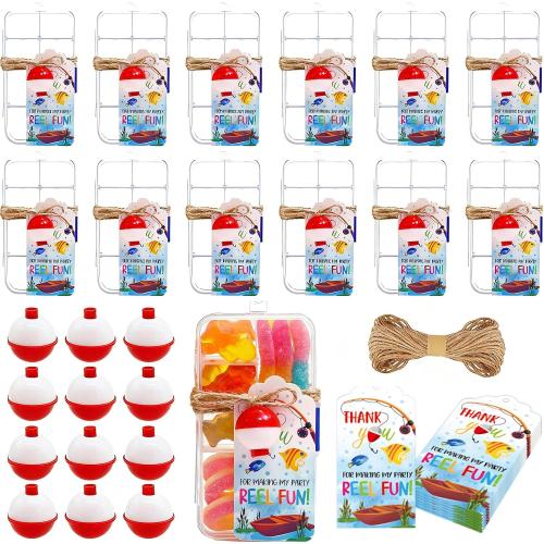 12 Set Fishing Candy Little Tackle Boxes for Birthday Party Favors with 12 Fishing Bobber 12 Thank You Cards for Making My Party Reel Fun Gone Fishing Theme Supplies Fishing Decorations (12)