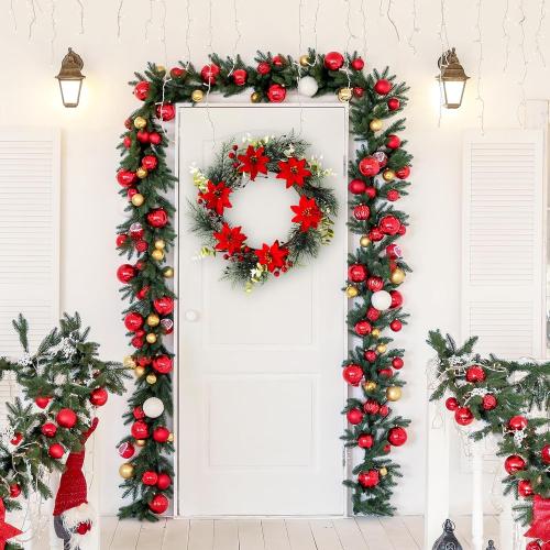 14 Inch Christmas Wreath Poinsettias Artificial Flowers Wreath for Front Door Home Wall Window Christmas Winter Holiday Decoration