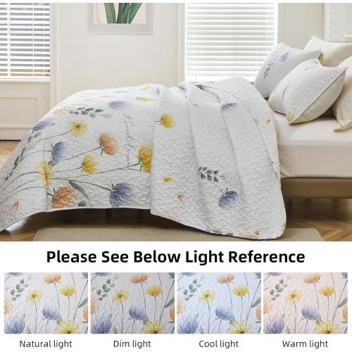 Dinjoy Floral Quilt Set Queen 3 Pieces Blue & Yellow Quilts Bedding Set Bohemian Bedspread Bed Cover Lightweight Spring Summer Beds Coverlet for All Season(96x90)