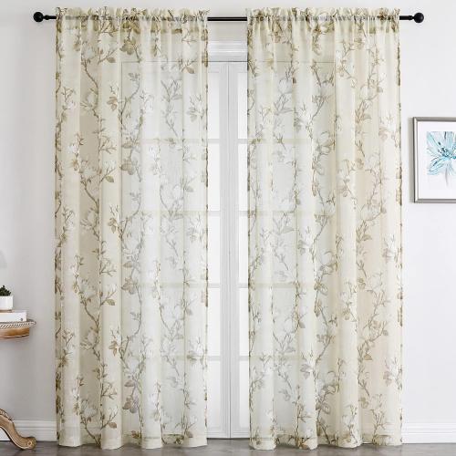 SMILE WEAVER Nature Yellow Sheer Curtains 54 inch Length for Living Room,Light Filtering Curtain 2 Panels,Voile Linen Textured Semi Sheer Floral Curtains for Bedroom/Kitchen Window Drapes