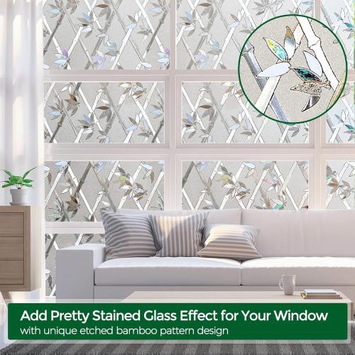 Decorative Static Cling Window Film Rainbow Window Clings Privacy Non-Adhesive Bamboo Glass Film for Living Room Bedroom Kitchen Lobby Porch Office Anti-UV 35.6 x 78.7 inches