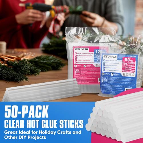 EZUVITA Full Size Hot Glue Sticks, 0.43” Dia x 6” Long, 50-Pack Clear Hot Melt Glue Gun Sticks for All-Temp Full Glue Guns, Multipurpose for DIY Art Craft General Repairs, Festival Decorations
