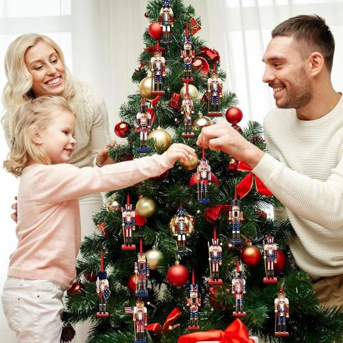 24 Pcs Christmas Nutcracker Ornaments Patriotic Wooden Nutcracker Hanging Ornaments Double Sided Figures Decorations for Xmas Tree Holiday Party Supplies