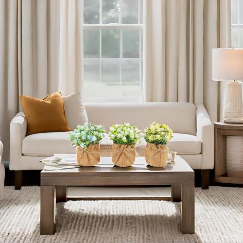 Velener Artificial Flowers in Small Burlap Bag Vases 3Pcs - Faux Flowers Farmhouse, Fake Plants Home Coffee Table Bookshelf Office Desk Decorations Kitchen Dining Room Indoor(White/Yellow/Blue)