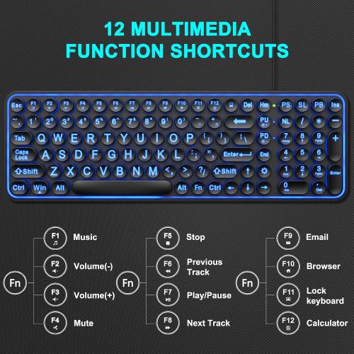 QUASIO Large Print Backlit Keyboard, Wired USB Lighted Computer Keyboards with 7-Color Backlit, Oversized Print Letters, Quiet Typewriter Keyboard with Retro Round Keycaps for Windows PC, Laptop