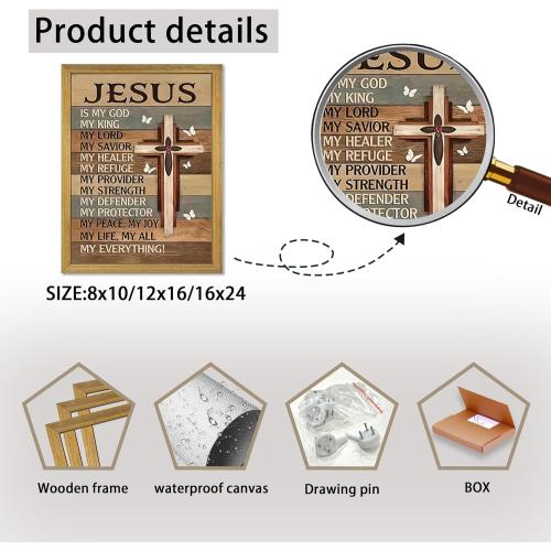 Framed My God Jesus Wall Art Canvas Prints, Christian Inspirational Quote Wall Decor, Vintage Cross White Butterflies Artwork, Religion Bible Verse Decor Art for Bedroom Prayer Room – 12x16in