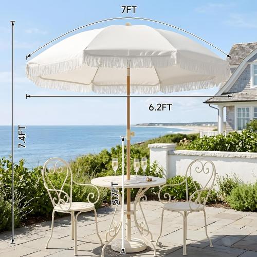 7FT Boho Patio Umberlla with Fringe,UPF50  Outdoor Umbrella with Fiberglass Ribs and Push Button Tilt,Tassels Umbrella for Beach,Terrace,Picnic