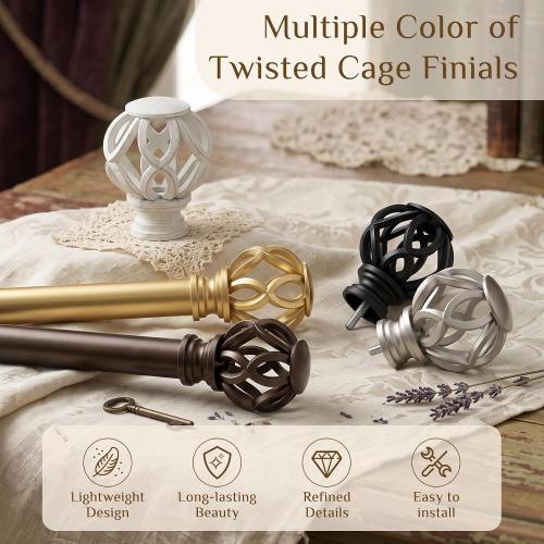 TVWOO Black Decorative Farmhouse Curtain Rods 2Pack:18-45 Adjustable Heavy Duty Single Window Curtain Rod for Bedroom Living Room,Black Boho Rustic Drapery Rods with Vintage Twist Finial Easy Install
