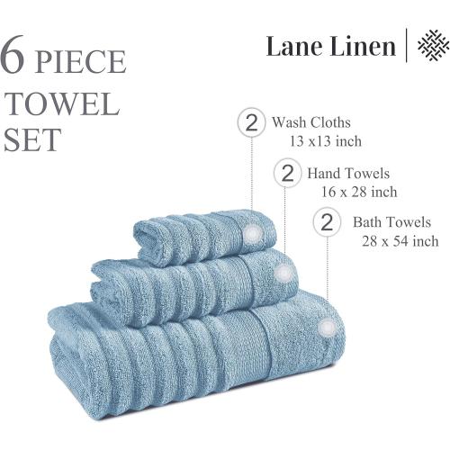 Cotton Bath Towels Set of 6 - Exclusive Zero Twist - Softer, Quick Dry & Absorbent - 2 Bath, 2 Washcloths, 2 Hand Towels for Bathroom - Durable, Premium Quality & Ideal Gift for Him - Blue