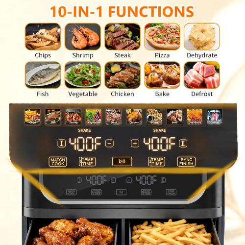 Simple Deluxe 9.5-Qt Dual Basket Air Fryer, 10-in-1 Digital Preset 1700W Airfryer, Sync Cook, Independent Temp Control, Shake Reminder, Nonstick Basket, Black