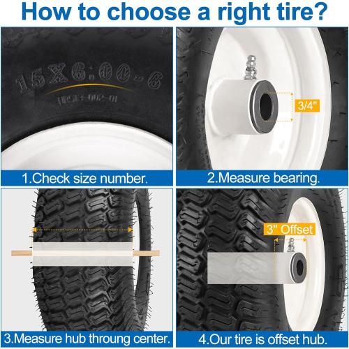 15x6.00-6nhs Lawn Mower Front Tire 4 Ply Tubeless 15x6x6 Lawn Mower 570 Lbs Tire and Wheel with 3/4 Bushing and 12 Spacers, Replacement for Garden Lawn Tractor Riding Lawn Mower, 2 Pack