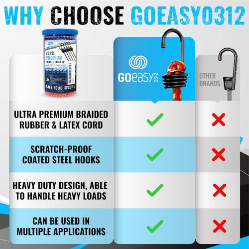 GOEASY0312 Premium Bungee Cords Heavy Duty - 20 pcs Bungee Cords with Hooks in A Storage Jar Includes 10, 18, 24, 30, 36, 48 Bungie Cord Bundle