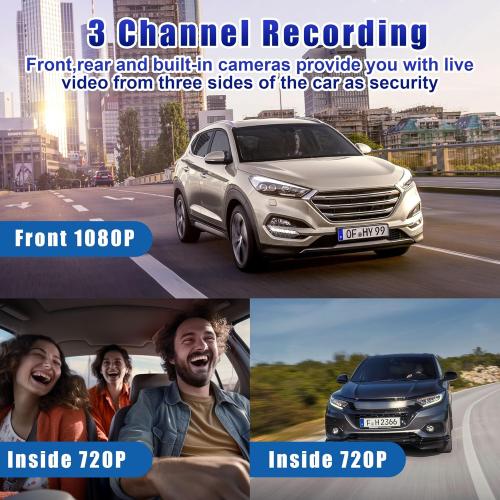 3 Channel Dash Cam Front and Rear Inside with 64GB Card, WIZACE1080P Dash Camera for Cars, Dashcam Three Way Triple Car Camera with IR Night Vision, Loop Recording, G-Sensor, HDR, 24 Hours Recording