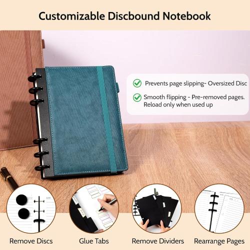 Yoment Refillable Notebooks for Work 5 Subject with Removable Dividers Tabs 224 Pages Hardcover Leather Journals for Writing Small Discbound Planner Colleged Ruled Paper for Women Men 6.1 x 8.3,Blue