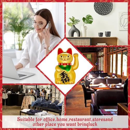 Chunful 5 Inch Lucky Cat Waving Arm Maneki Neko Gold Lucky Fortune Cat with Waving Hand Paw up for Feng Shui Welcoming Fortune Luck Wealth Prosperity Decoration, Battery Cover Not Included