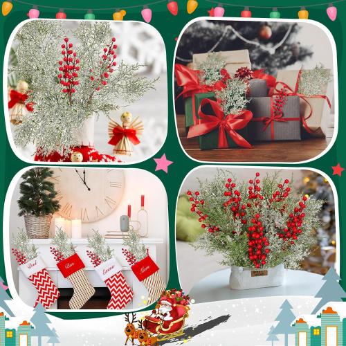 16 Pcs Christmas Tree Branches Filler Artificial Pine Branches with Berry Stems Christmas Tree Picks Greenery Sprays Berry and Cedar Picks for Vase Fillers Table Decor(Snow Cover,Red)