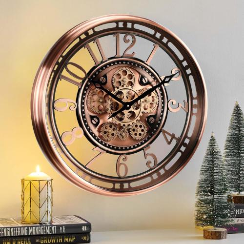 CLXEAST 21 Inch Moving Gear Wall Clock for Modern Farmhouse Living Room Decor,Large Industrial Steampunk Wall Clock for Home Office,Metal Copper Finished,House Warming Gifts New Home