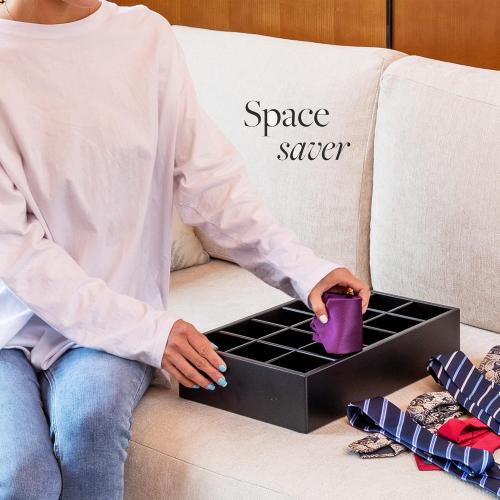 GOBAM Bamboo Closet Drawer Organizer, 15 Compartments - Drawer Divider & Storage Box for Ties, Bras, Briefs, Socks & Jewelry - Storage Organizer for Dressing Room & Bedroom - Black