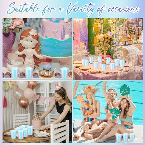 100 Pcs Iridescent Plastic Cups Rainbow Disposable Cups Holographic Party Clear Glitter Shiny Plastic Tumblers for Wedding Birthday Bachelorette Mermaid Party (Matte,12 oz)