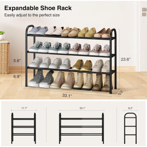 STO STO Expandable Shoe Rack, 3-Tier Metal Small Shoe Rack for Closet, Up to 16 Pairs Adjustable Shoe Rack Storage for Front Door Entrance, Free Standing Shoe Rack Organizer for Entryway, Black