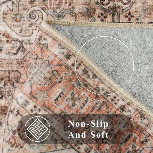 Washable 9x12 Large Area Rug: Vintage Non-Slip Backing Rugs for Living Room Stain Resistant Bedroom Carpet Soft Medallion Farmhouse Floor Mat for Dining Room Home Office 9x12 Brown/Orange
