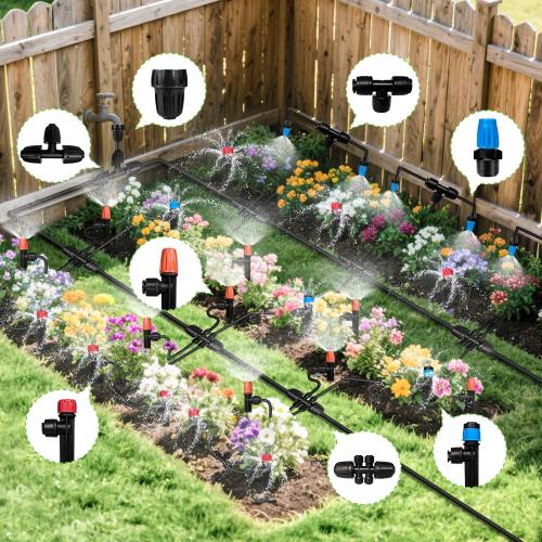 230FT Drip Irrigation System for Garden with 40 Nozzles & Emitters, Garden Watering System with 1/2 & 1/4 Tube and Barbed Fittings - Adjustable Sprinklers Kit for Greenhouse, Lawn, Raised Bed