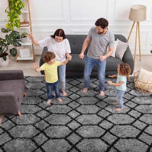 LARGE Area Rugs for Bedroom Living Room, Fluffy Grey and Black Bedside Rug for Nursery Kids Teen Dorm, Soft Shaggy Geometric Plush Fuzzy Indoor Floor Carpet for Home Decor Aesthetic