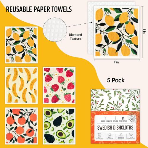 Swedish Dishcloths for Kitchen, Swedish Dish Cloths 5 Pack, Super Absorbent Reusable Paper Towels Washable, Biodegradable, Quick Drying, Dishwasher Safe