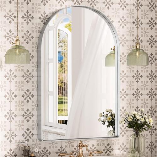 Suidia 22 x 30 Bathroom Mirror, Bathroom Vanity Mirror Metal Framed, Wall-Mounted Mirrors for Bedroom, Living Room, Entryway, Hallway, Silver, Arch Style