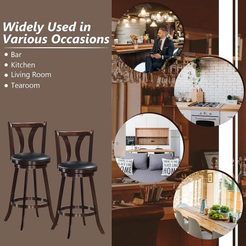 COSTWAY Bar Stools Set of 2, 360-Degree Swivel Stools with Leather Padded Seat, Single Slat Back & Solid Rubber Wood Legs, Counter Height Stools for Pub, Restaurant, Kitchen, Brown (2, 29inch)