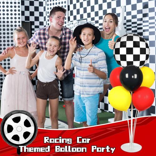 2 Pack Red Yellow and Black Race Car Party Balloons Stand Kit 2 Sets With 2 Checkered Foil Balloon Racing car Party Balloon Red Black Yellow Race Car Birthday Party Decor Set For Boys Let's go Racing New Year Party Decorations