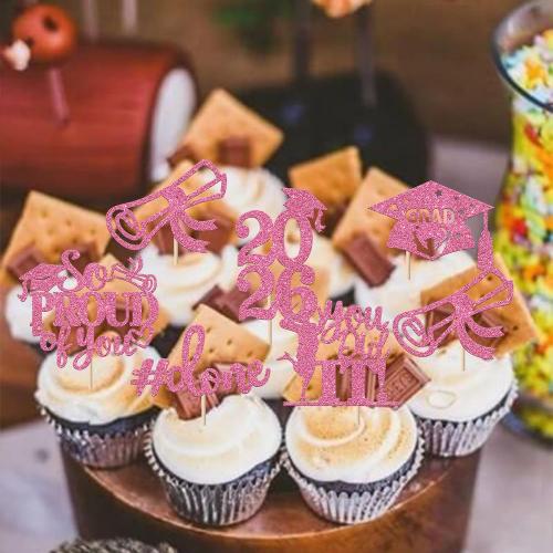 24 Pack 2026 Graduation Cupcake Toppers Glitter So Proud of You Done Diploma Grad Cap Cupcake Picks You Did it Cake Decorations for 2026 Graduation Theme Party Decorations Supplies Pink