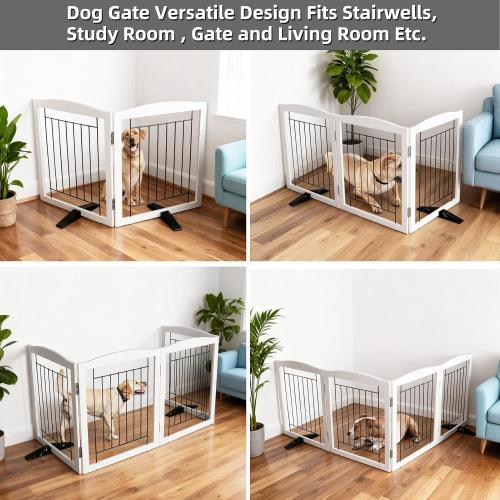 ZJSF Freestanding Dog Fence Indoor, Foldable Dog Gate for Doorways, Stairs or Hallways, Sturdy Wood Extra Wide Pet Gate with Support Feet for The House, White, 24 Height-2 Panels