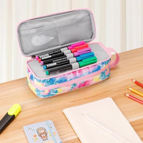 Choco Mocha Girls Pencil Case for Kids, Soft Large Zipper Pencil Pouch for Kids with 2 Compartments Girls Pencil Case for School Tie Dye Pencil Bag, Colorful