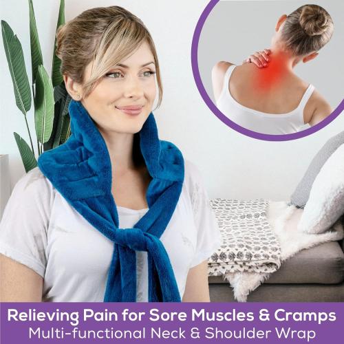 Microwave Heating Pad for Lower Back Pain Relief 20 x 8 with 71 Ties - Cordless Microwavable Moist Heat Therapy Pads - Calming Heat Wrap for Neck & Shoulder - Flaxseed Rice Hot Heat Pack (Med Blue)