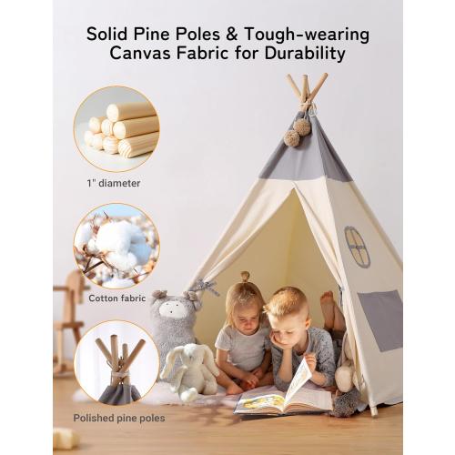 besrey Teepee Tent for Kids, Cotton Canvas Play Tent with Lights & Mat, Sturdy Toddler Tipi Tent Playhouse for Boys Girls, Foldable Indoor Outdoor Camping Reading Hideaway