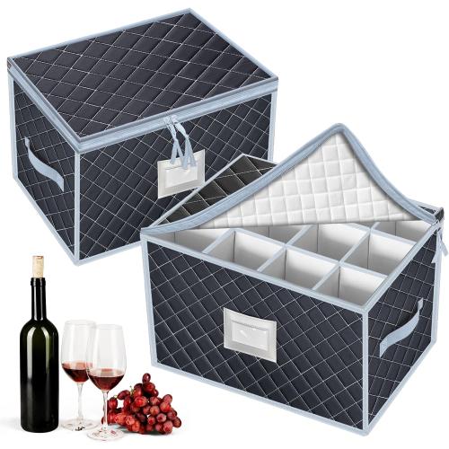 Wine Glass Storage Box with Dividers Holds 24 Stemware Storage Cases or China Crystal Glassware Containers with Handles and Lable Window (15.5 x 12.5x10)-Set of 2 Grey