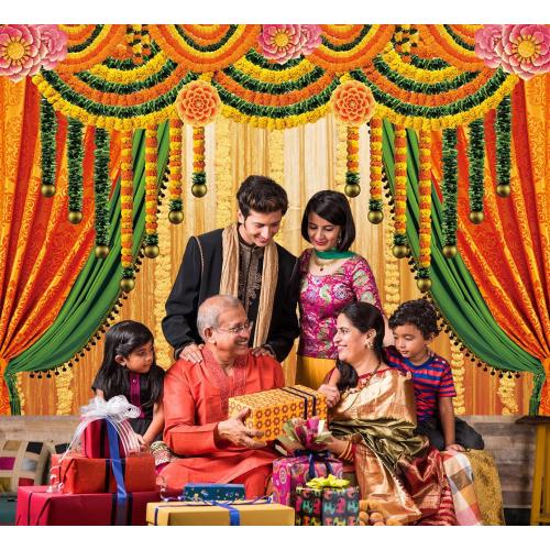 Indian Pooja Traditional Backdrop Indian Religious Festival Marigold Yellow Curtain Background Diwali Puja Ganpati Pooja Mehndi Wedding Party Decoration 7x5FT